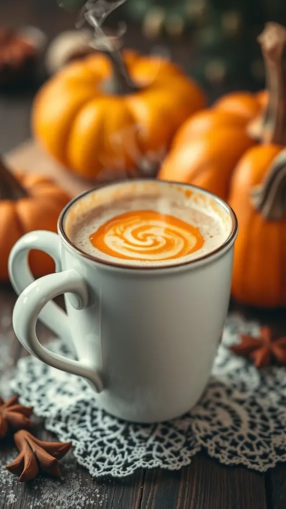 A steaming cup of pumpkin chai latte with a swirl design, surrounded by pumpkins and star anise.