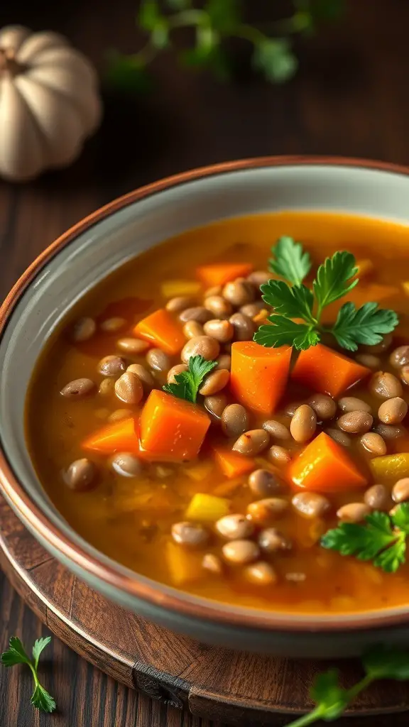 A bowl of lentil soup with carrots and celery, garnished with parsley.