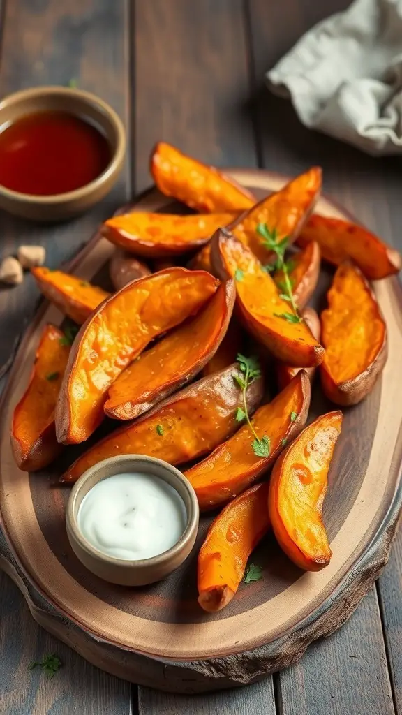 Maple glazed sweet potato wedges served on a wooden platter with a side of dipping sauce.