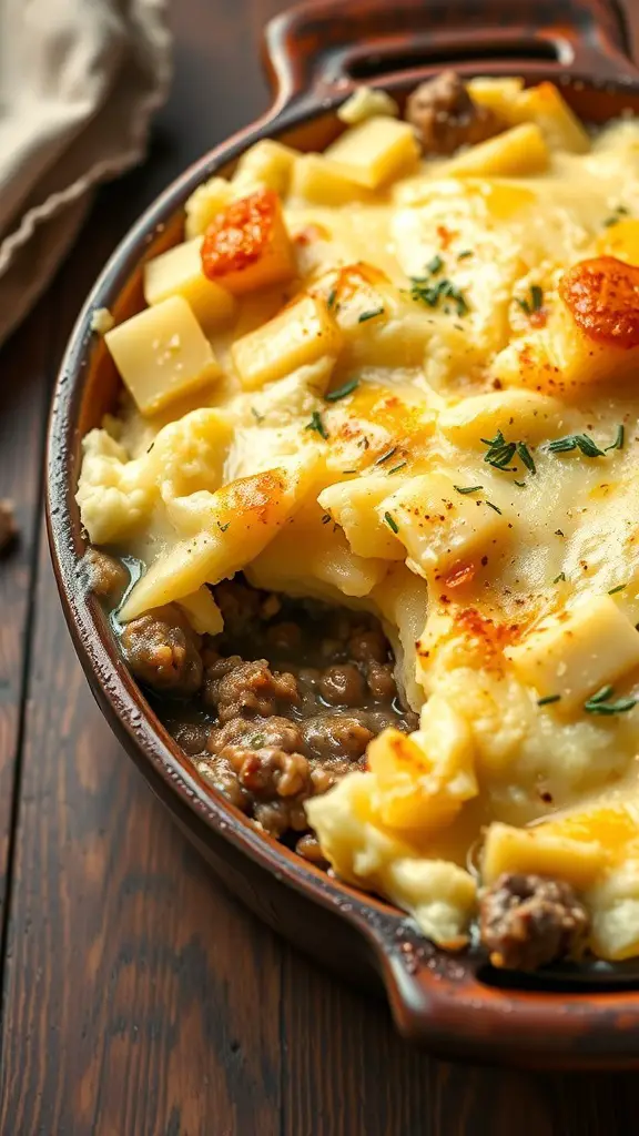 A delicious Beef and Potato Shepherd's Pie with a golden crust and creamy mashed potatoes.