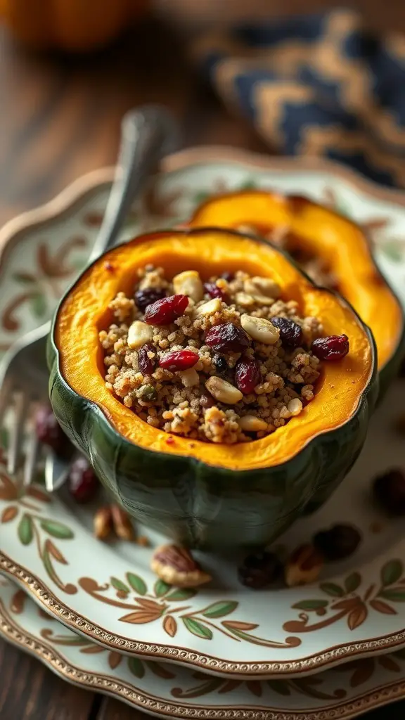 Stuffed acorn squash filled with grains and nuts on a decorative plate