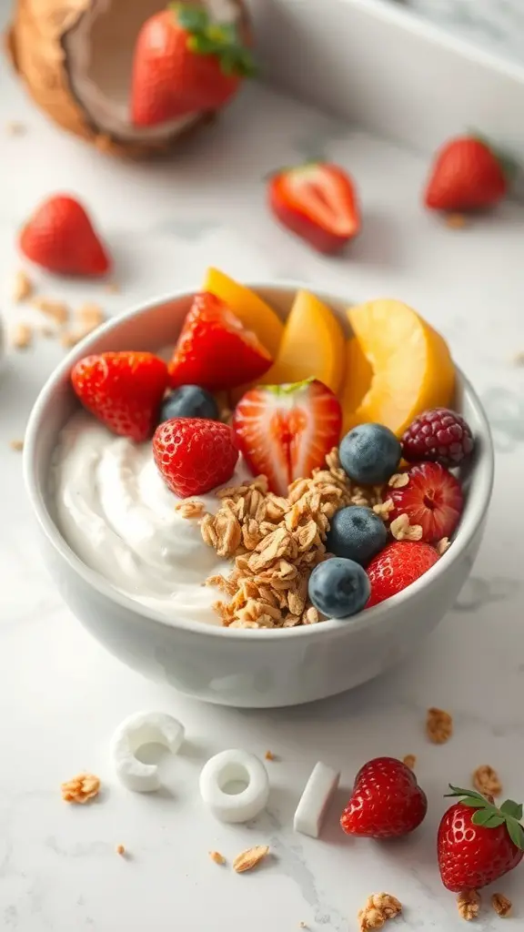 A bowl of coconut yogurt topped with fresh strawberries, blueberries, and peach slices, with granola sprinkled on top.