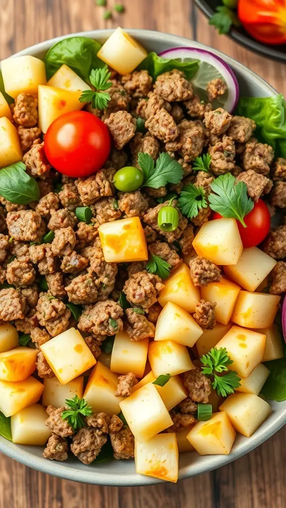 A bowl of Tangy Beef and Potato Salad with ground beef, diced potatoes, cherry tomatoes, and fresh greens.
