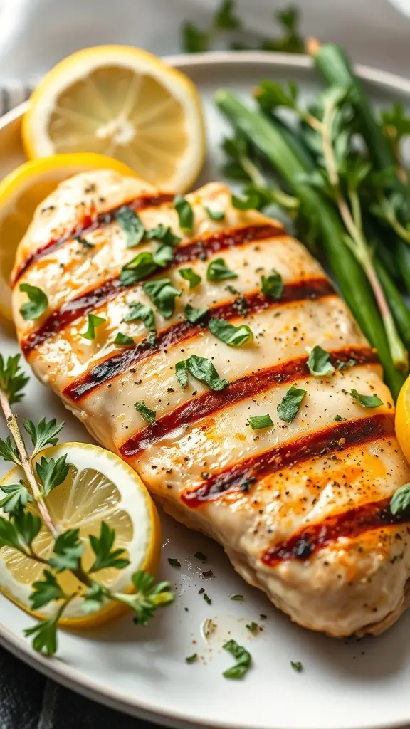 Grilled chicken breast garnished with herbs and lemon slices