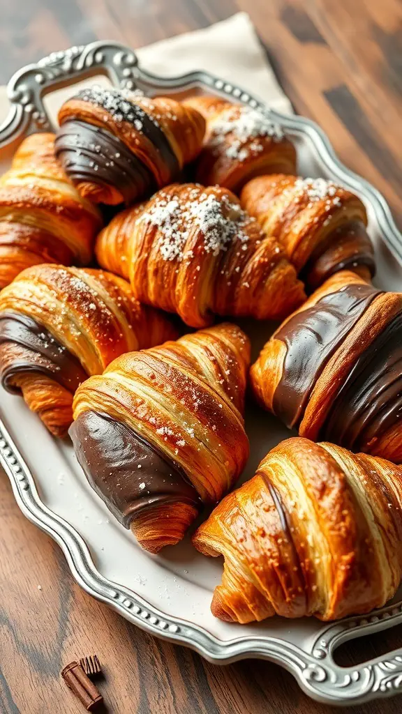 A platter of chocolate croissants and pastries arranged beautifully.