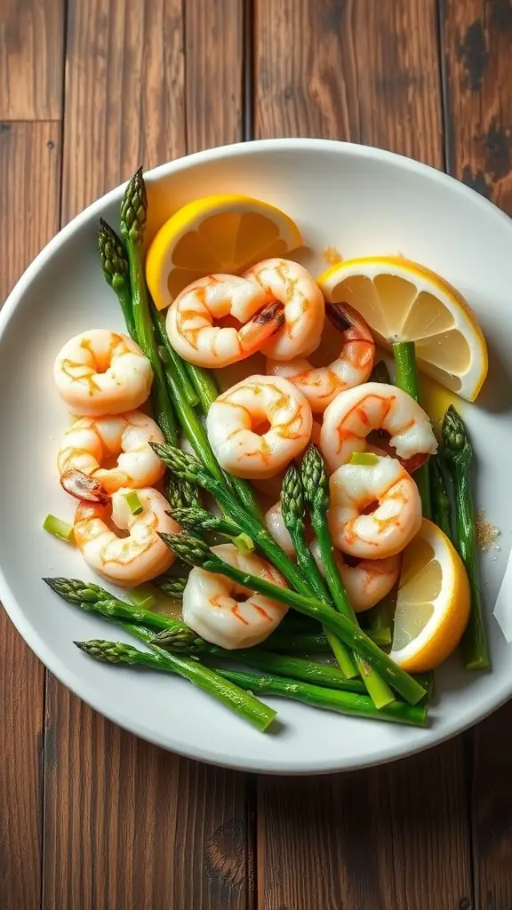 A plate of garlic butter shrimp with asparagus and lemon slices on a wooden table.