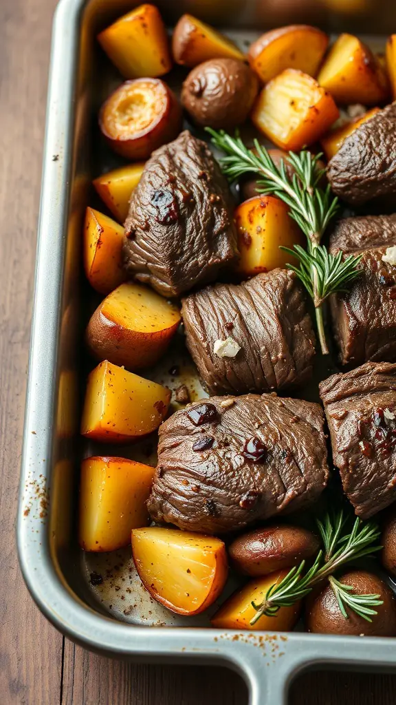 A tray of oven-roasted beef and potatoes with rosemary
