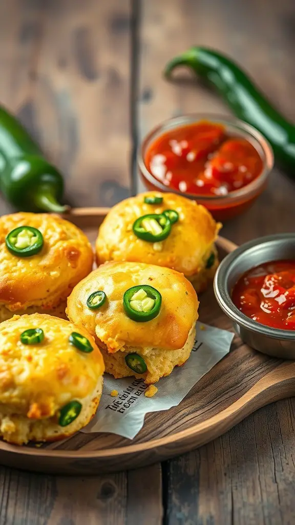 A wooden platter with cheesy jalapeño cornbread sliders and salsa on the side.