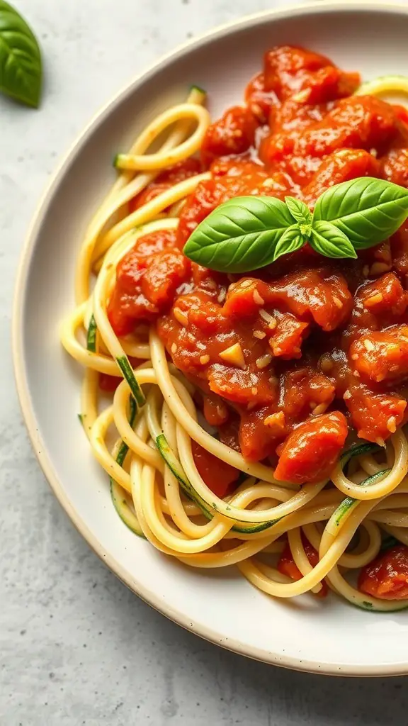 A plate of zucchini noodles topped with marinara sauce and a basil leaf.