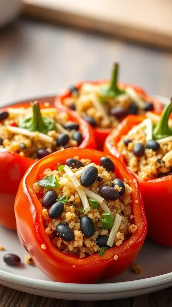 Stuffed bell peppers filled with quinoa, black beans, and topped with herbs