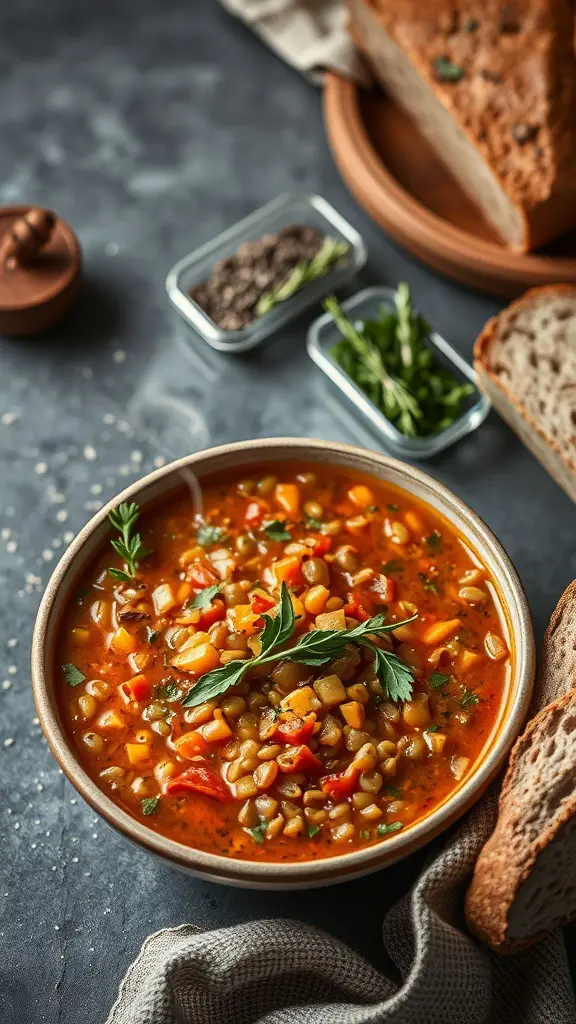 A bowl of spicy lentil soup with colorful vegetables and fresh herbs, served with bread.