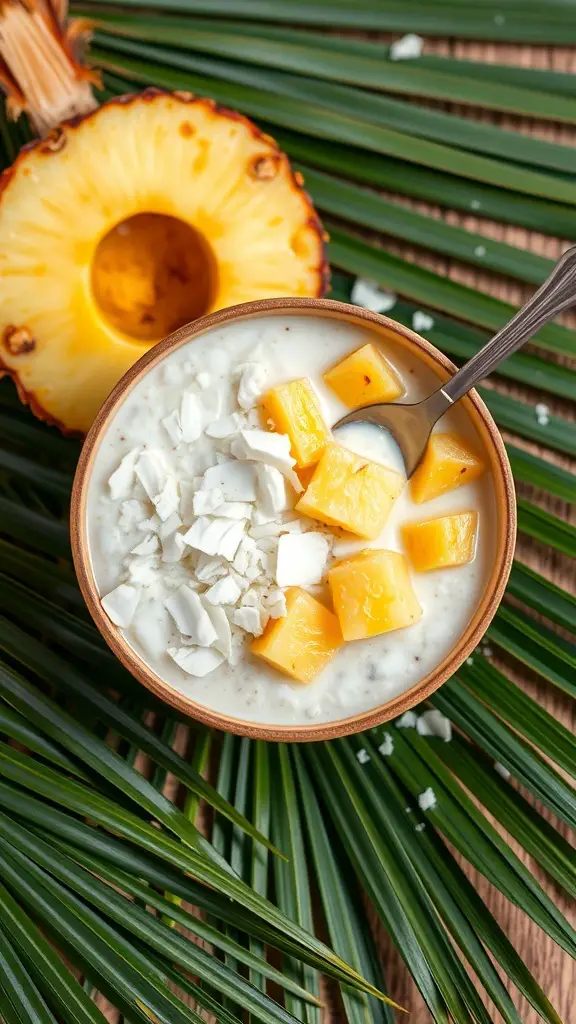 Bowl of overnight oats with pineapple and coconut on palm leaves