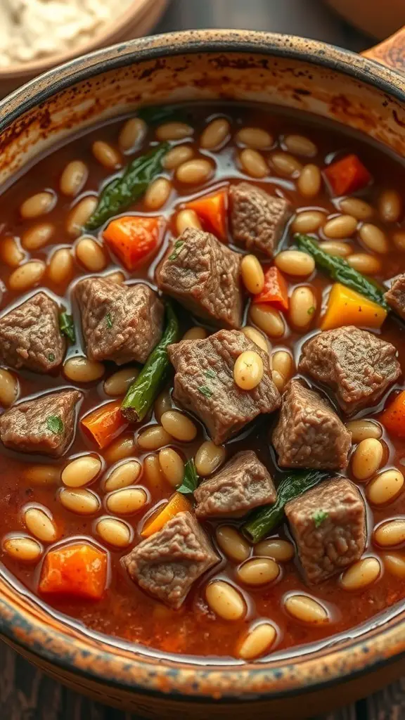A pot of beef and barley stew with chunks of beef, carrots, and potatoes.