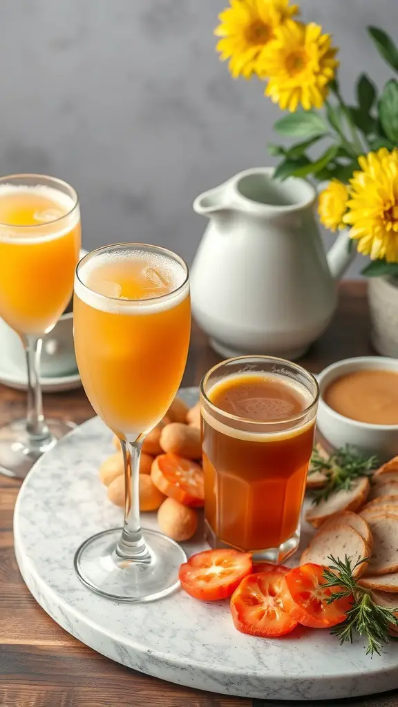 A selection of beverages including mimosas, iced tea, and coffee on a brunch charcuterie board.