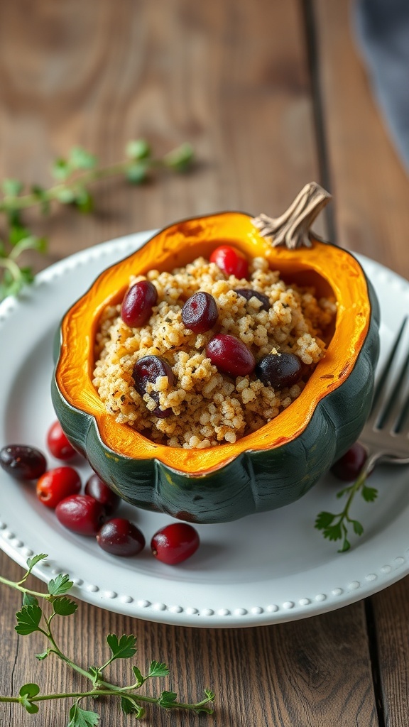 Stuffed acorn squash filled with quinoa and cranberries on a plate