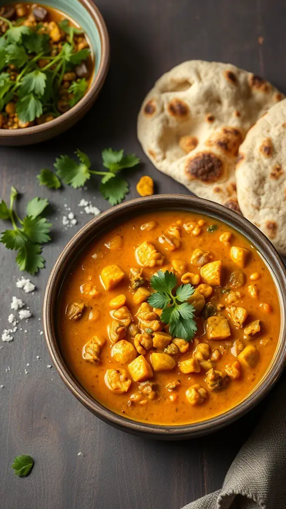 A bowl of coconut curry lentil stew with cilantro and naan bread on the side.