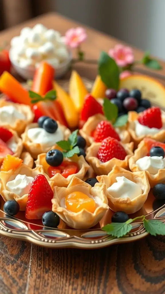 A platter of fruit and cream cheese phyllo cups topped with strawberries, blueberries, and peaches.