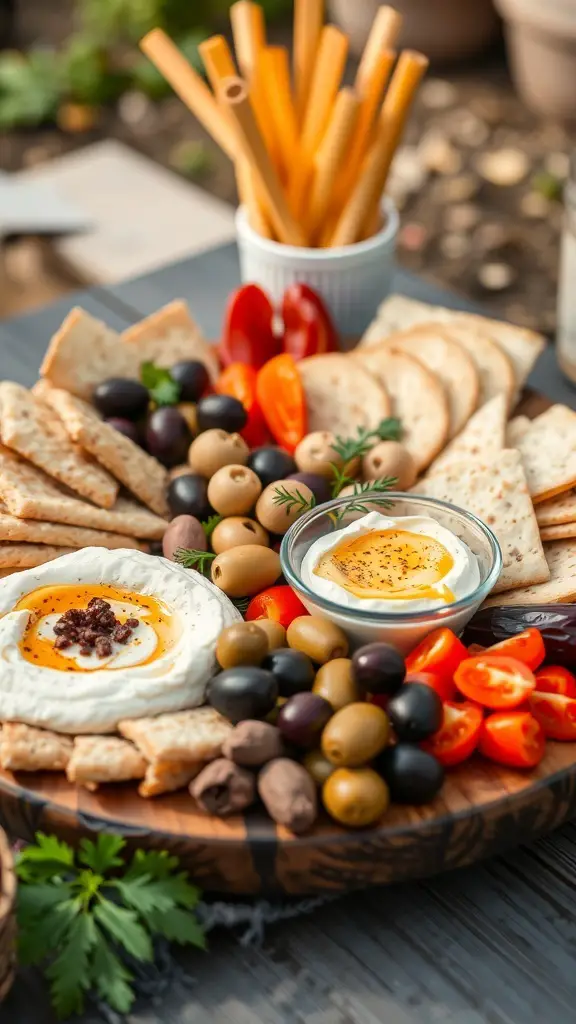 A Mediterranean charcuterie board featuring pita chips, olives, cherry tomatoes, and creamy dips.