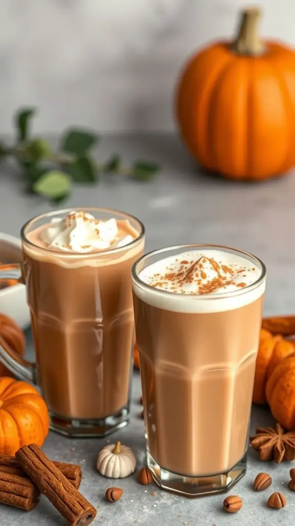 Two pumpkin chai lattes topped with whipped cream and cinnamon, surrounded by pumpkins and cinnamon sticks.