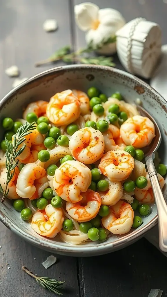 A bowl of shrimp carbonara with peas, featuring shrimp, green peas, and pasta.