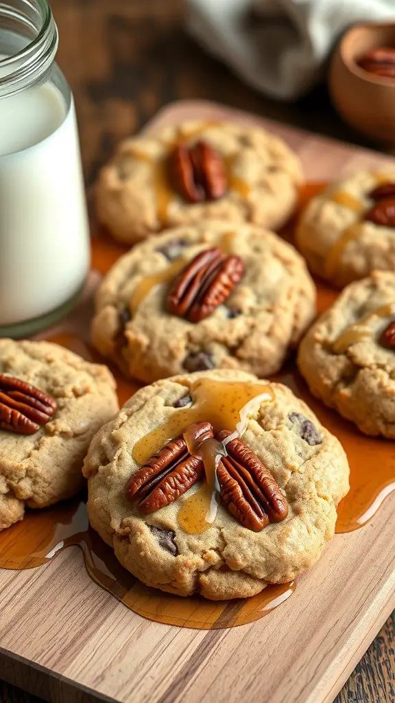 Maple Pecan Cookies with syrup and pecans on top