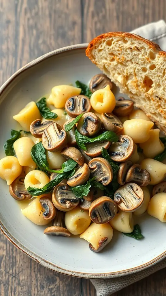 A plate of mushroom and spinach gnocchi with a slice of bread on the side.