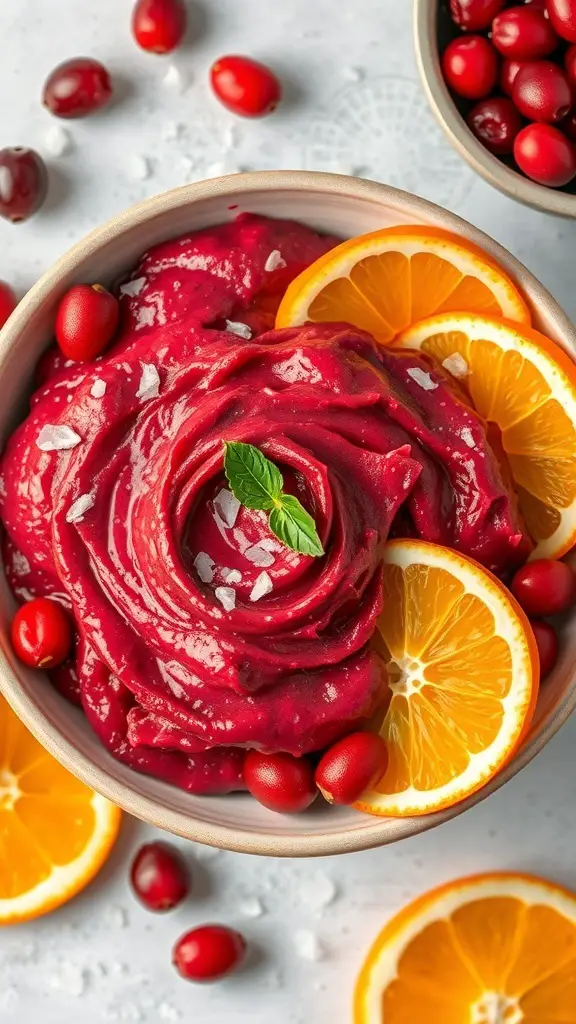 A bowl of cranberry orange spread garnished with orange slices and fresh cranberries.