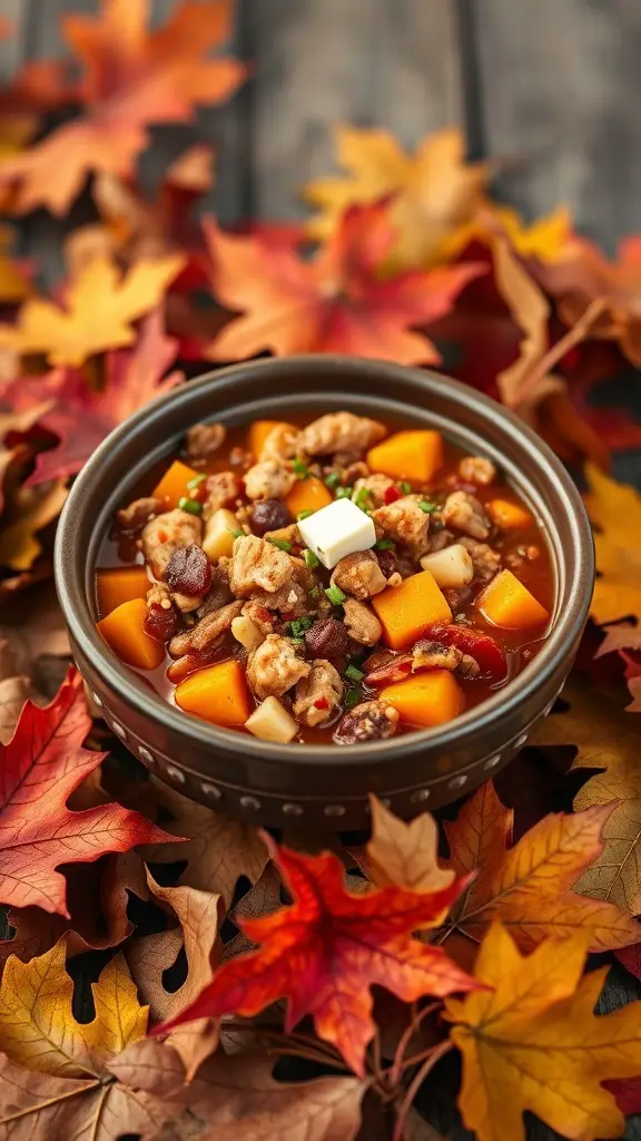 A bowl of butternut squash and turkey chili surrounded by autumn leaves.