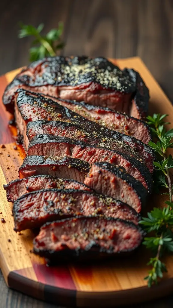 A beautifully sliced smoked brisket on a wooden cutting board, showcasing its tender interior and smoky crust.