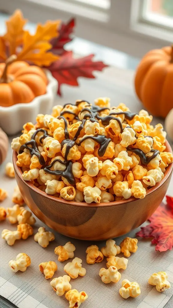 A bowl of chocolate-dipped caramel corn surrounded by autumn decorations.