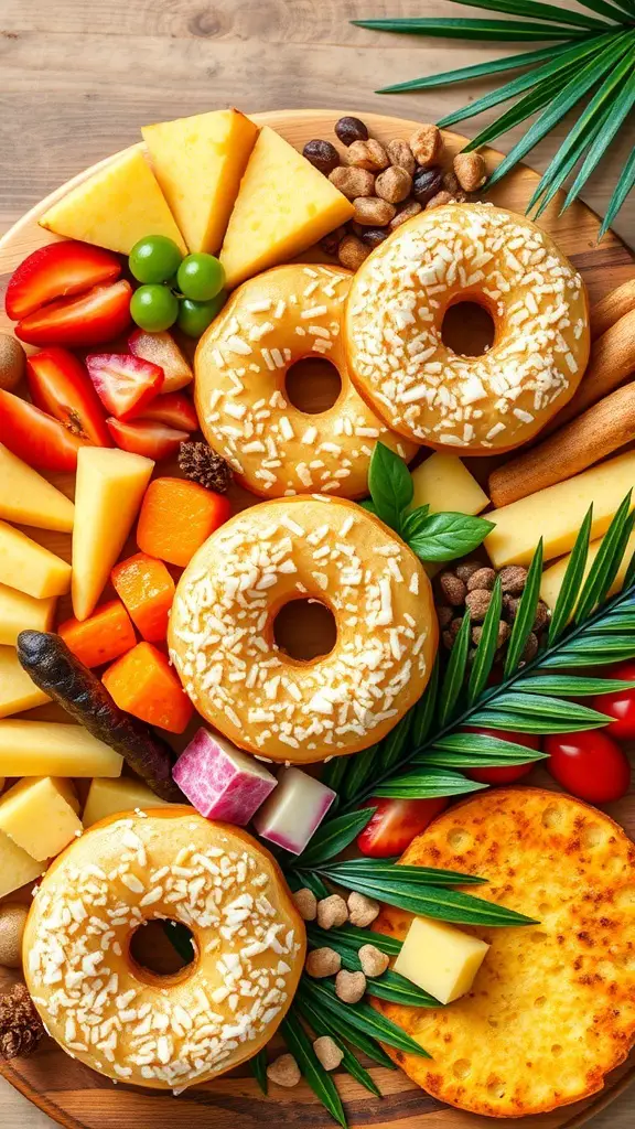 A tropical donut charcuterie board featuring donuts, fruits, and cheeses.