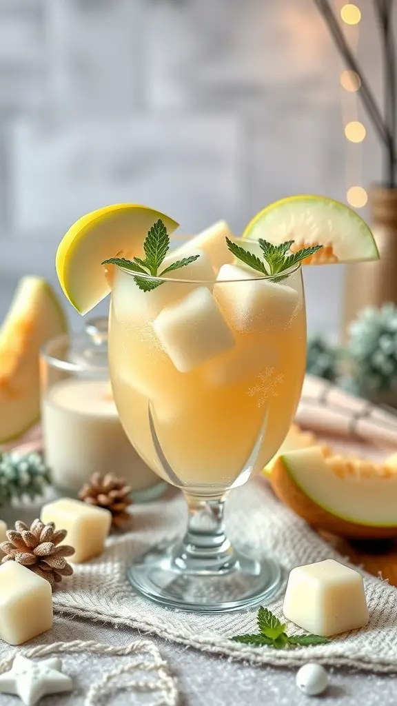 A refreshing honeydew melon punch in a glass with mint leaves and ice cubes, surrounded by honeydew slices and pinecones.