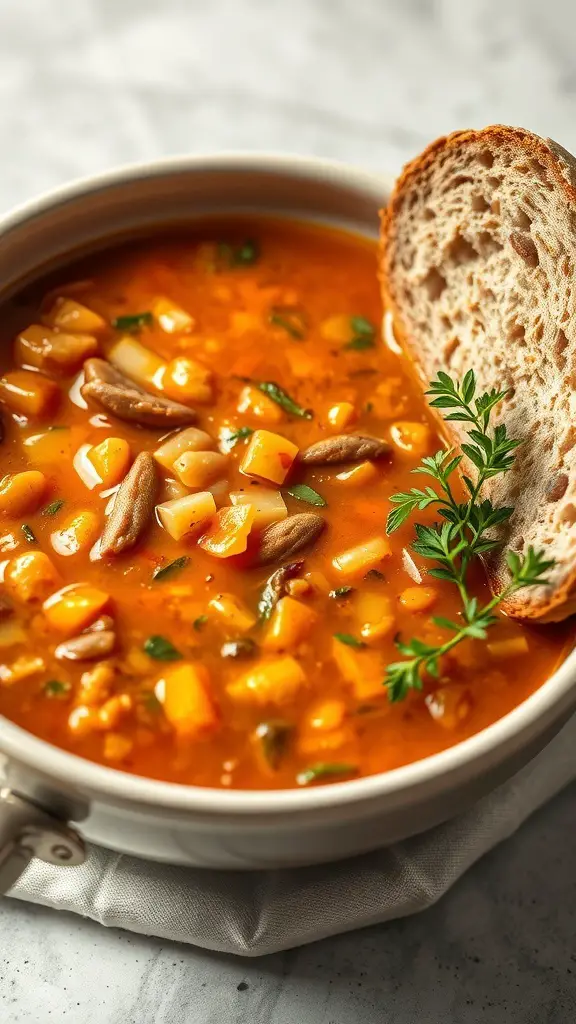 A bowl of lentil soup with a slice of whole grain bread on the side.