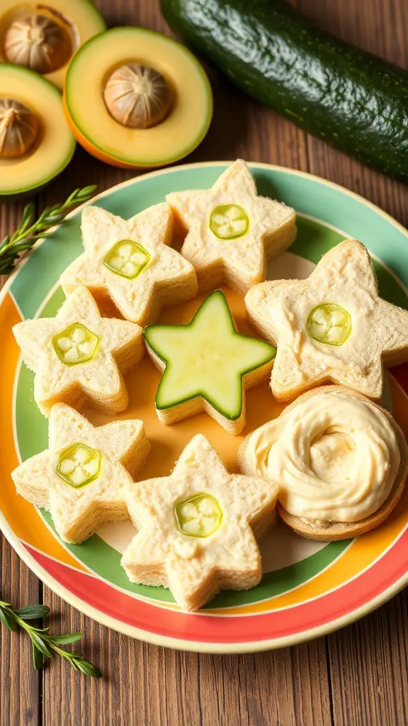 A plate of star-shaped cucumber and hummus sandwiches with a cucumber and melon in the background.