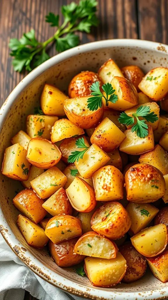 Bowl of garlic parmesan roasted potatoes garnished with parsley