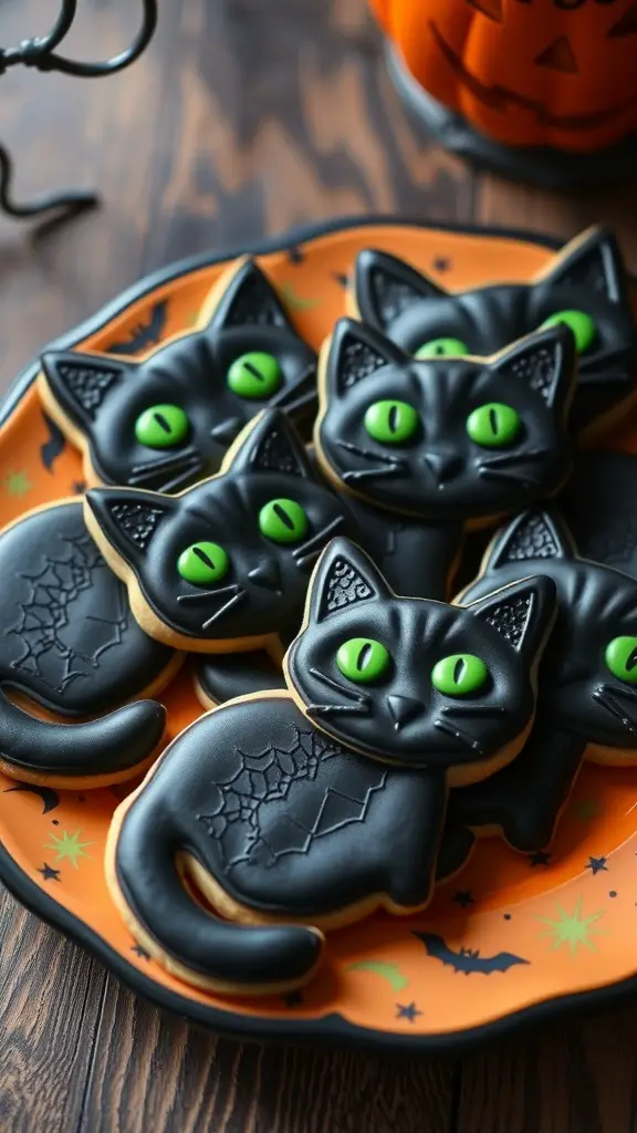 A plate of black cat cookies decorated with green eyes and spiderweb designs