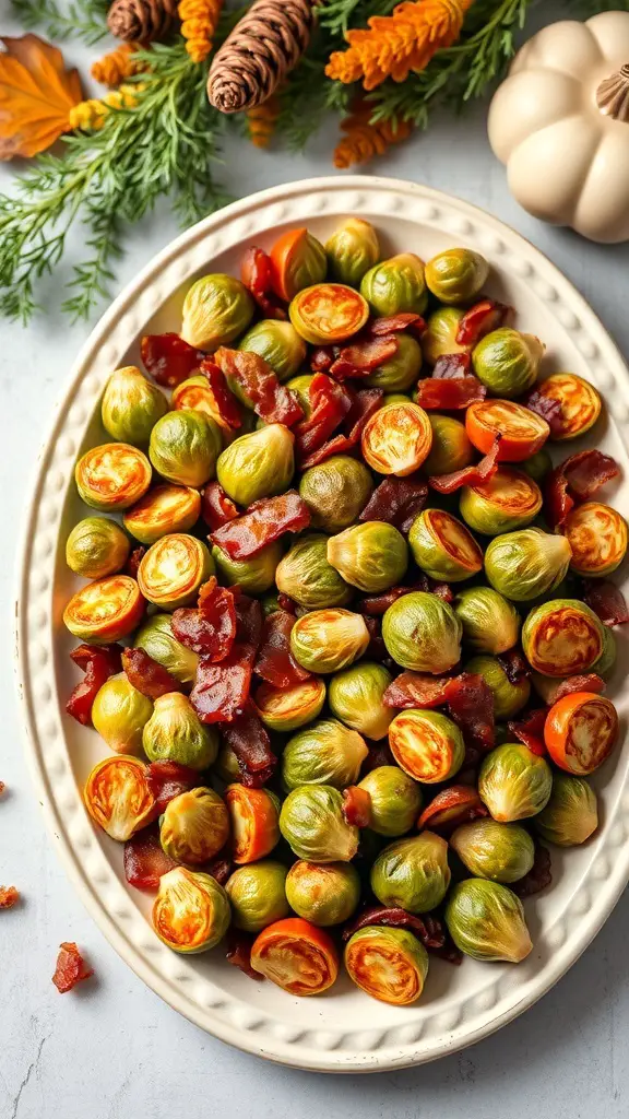A plate of Maple Bacon Brussels Sprouts, featuring bright green Brussels sprouts and crispy bacon pieces, garnished with seasonal decor.