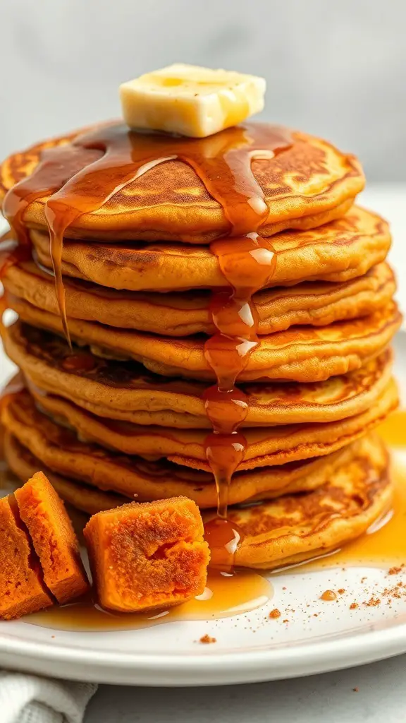 Stack of sweet potato pancakes topped with butter and syrup