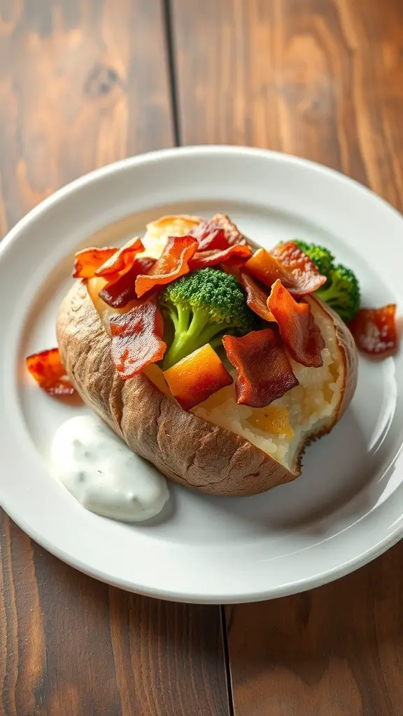 A baked potato topped with bacon, broccoli, and cheese, served on a white plate.