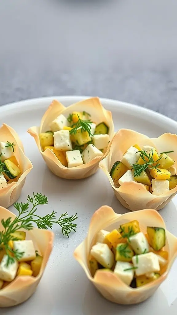 Zucchini and feta phyllo cups on a plate