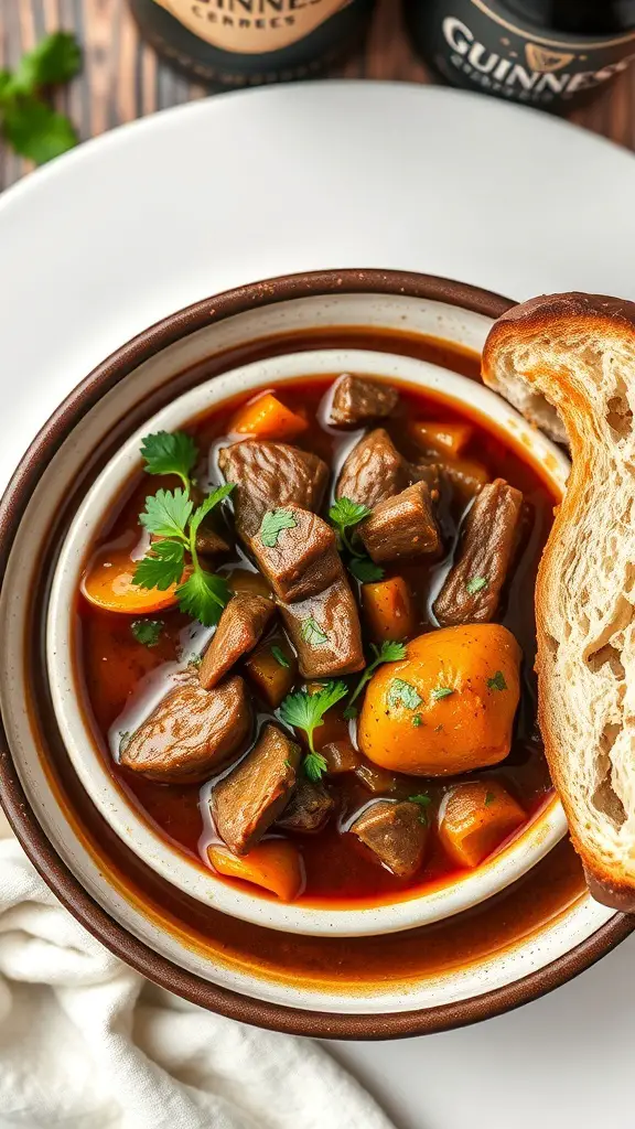 A bowl of Irish beef stew with Guinness, featuring tender beef, carrots, and potatoes, served with a slice of bread.