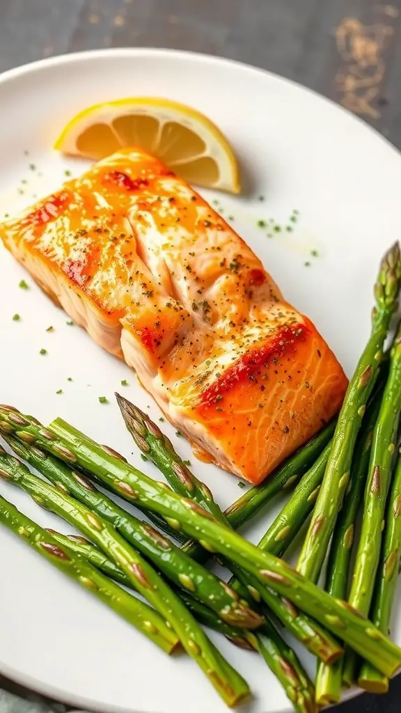 A plate of baked salmon fillet with asparagus and a lemon wedge.