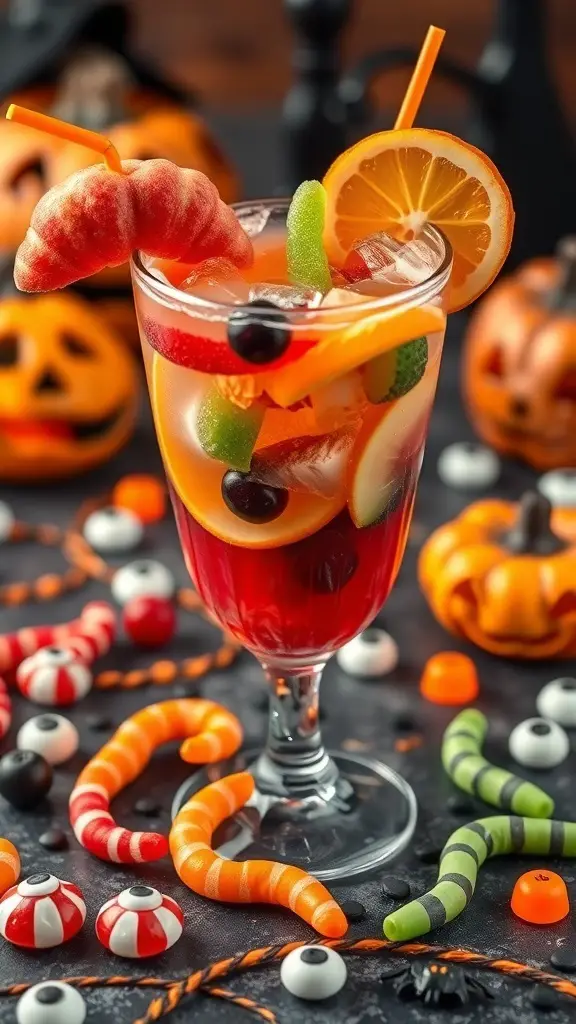 A colorful Halloween mocktail with gummy worms and fruit garnishes, surrounded by festive decorations.