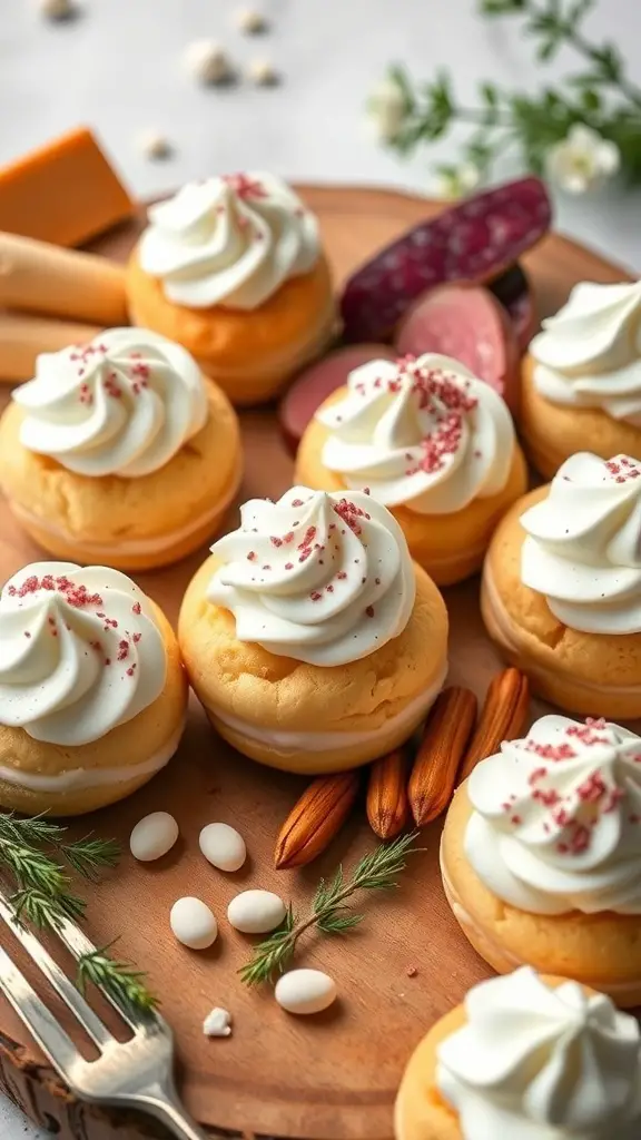 A close-up of cream puffs filled with whipped cream, topped with decorative sprinkles, arranged on a wooden board.