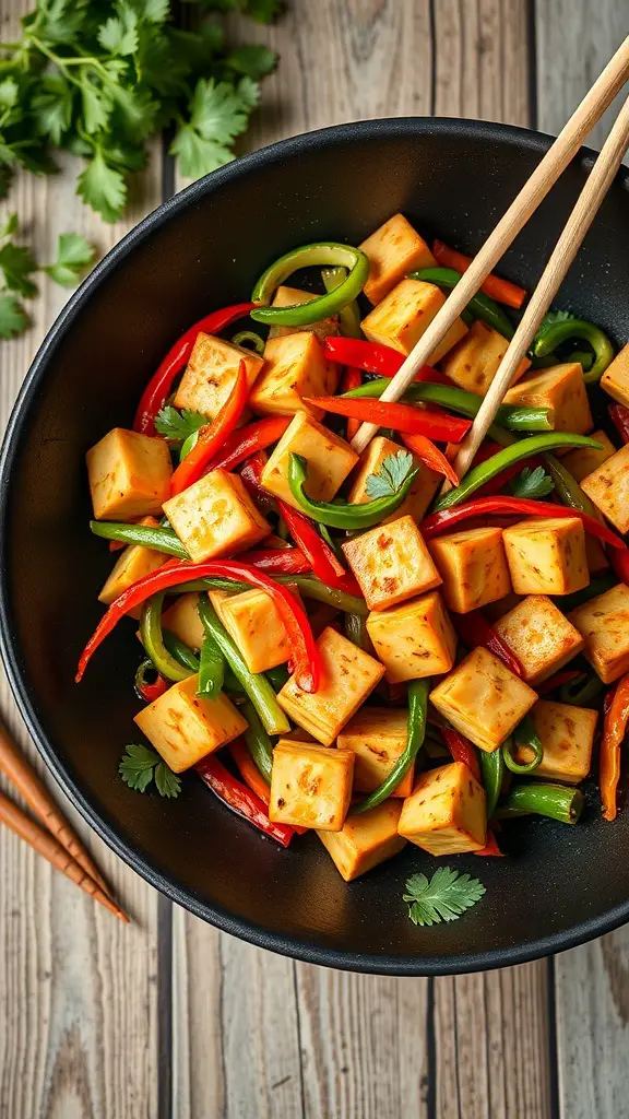 A bowl of vegetable stir-fry with tofu, featuring colorful bell peppers and garnished with cilantro.