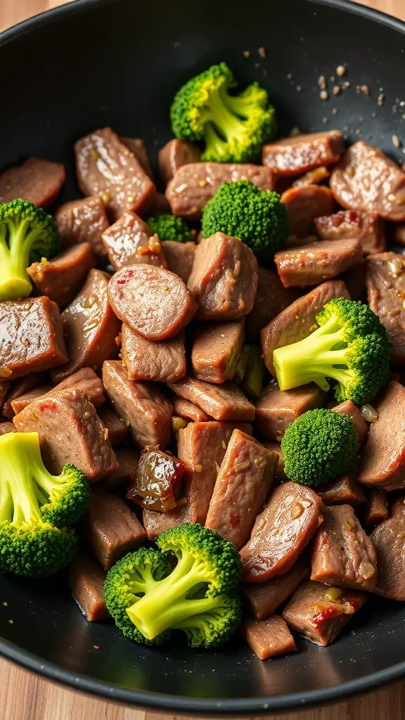 A skillet filled with beef stew meat and broccoli, showcasing a colorful stir-fry dish.
