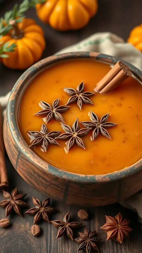 A bowl of pumpkin spice punch with star anise and cinnamon sticks, surrounded by small pumpkins.