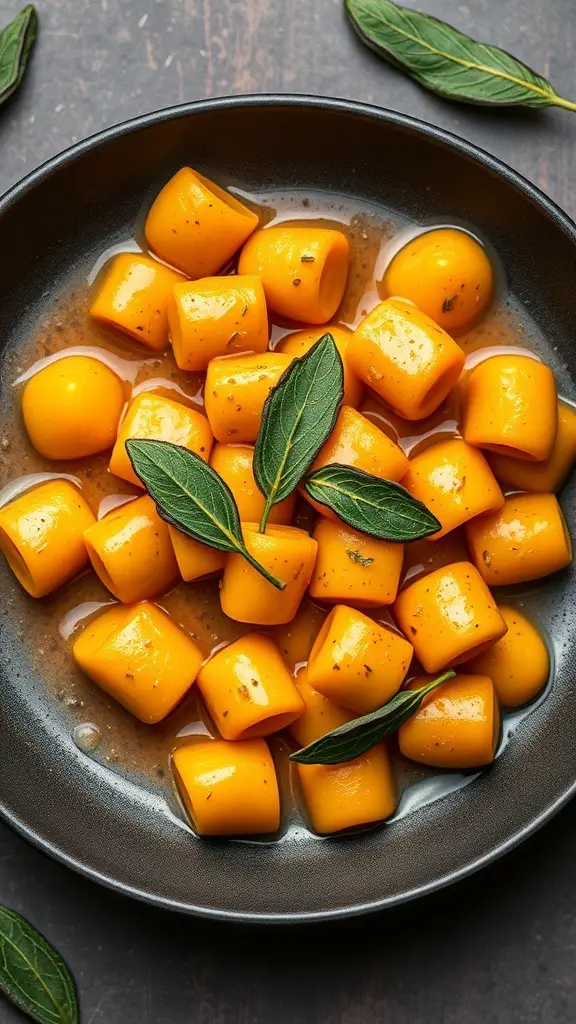 Plate of sweet potato gnocchi tossed in sage butter with fresh sage leaves