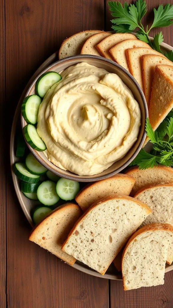 A platter featuring cucumber slices, hummus, and slices of bread, garnished with parsley.