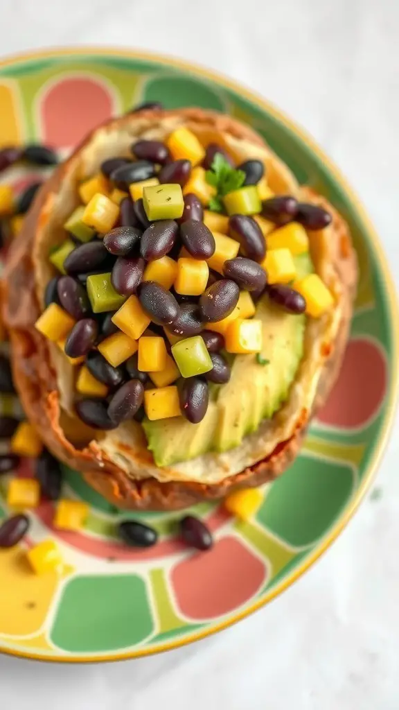 A baked potato topped with black beans, avocado, and diced mango on a colorful plate.